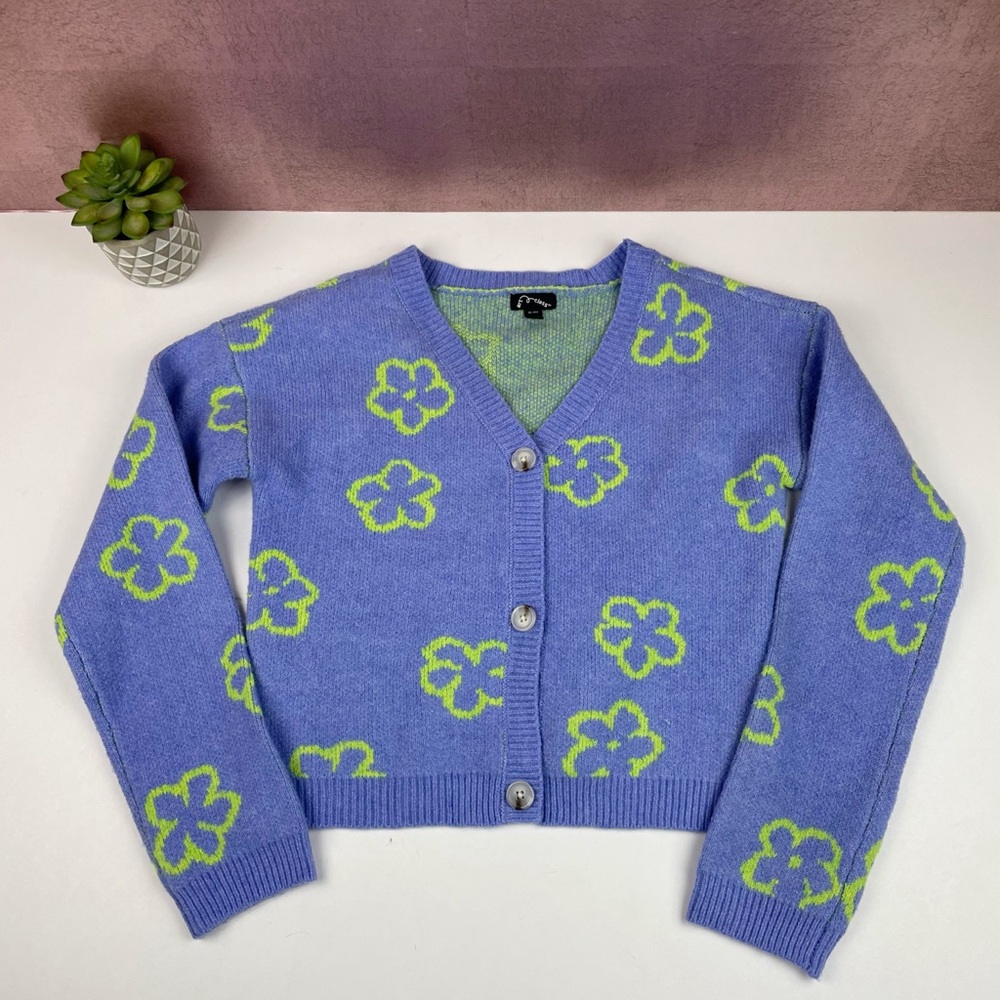 Art Class Blue Green Floral Indie Preppy Boho Cardigan Sweater Girl Size 14 XL
